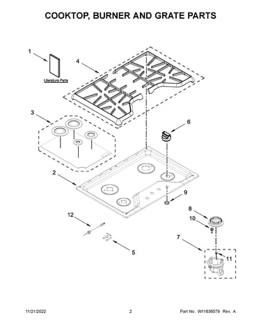 Cooktop, burner and grate parts