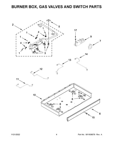 Burner box, gas valves and switch parts