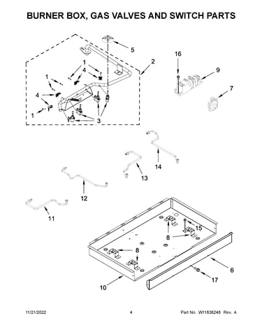 Burner box, gas valves and switch parts