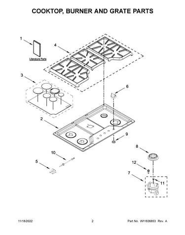 Cooktop, burner and grate parts