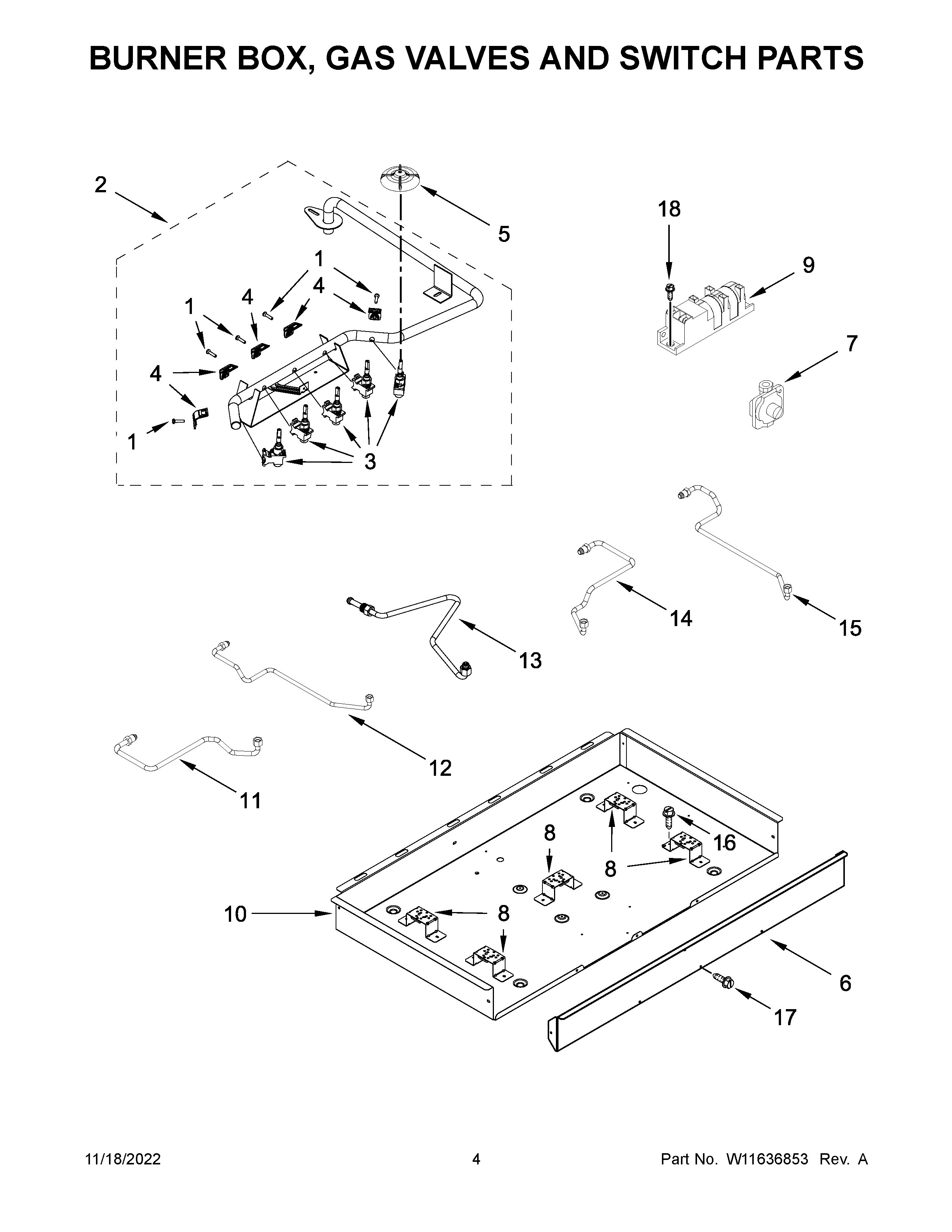 Burner box, gas valves and switch parts