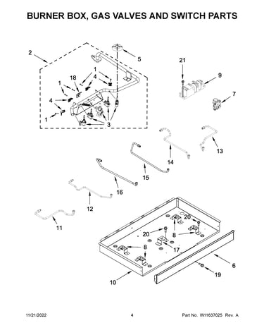 Burner box, gas valves and switch parts