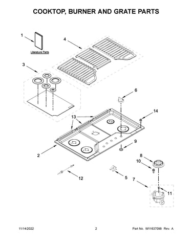 Cooktop, burner and grate parts