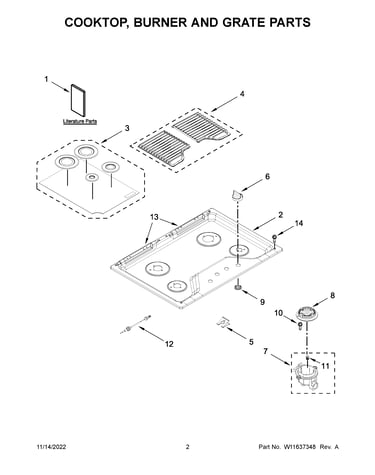 Cooktop, burner and grate parts