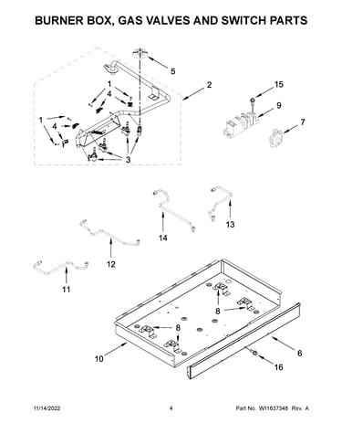 Burner box, gas valves and switch parts