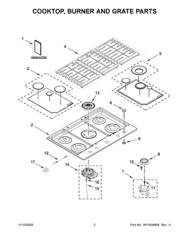 Cooktop, burner and grate parts