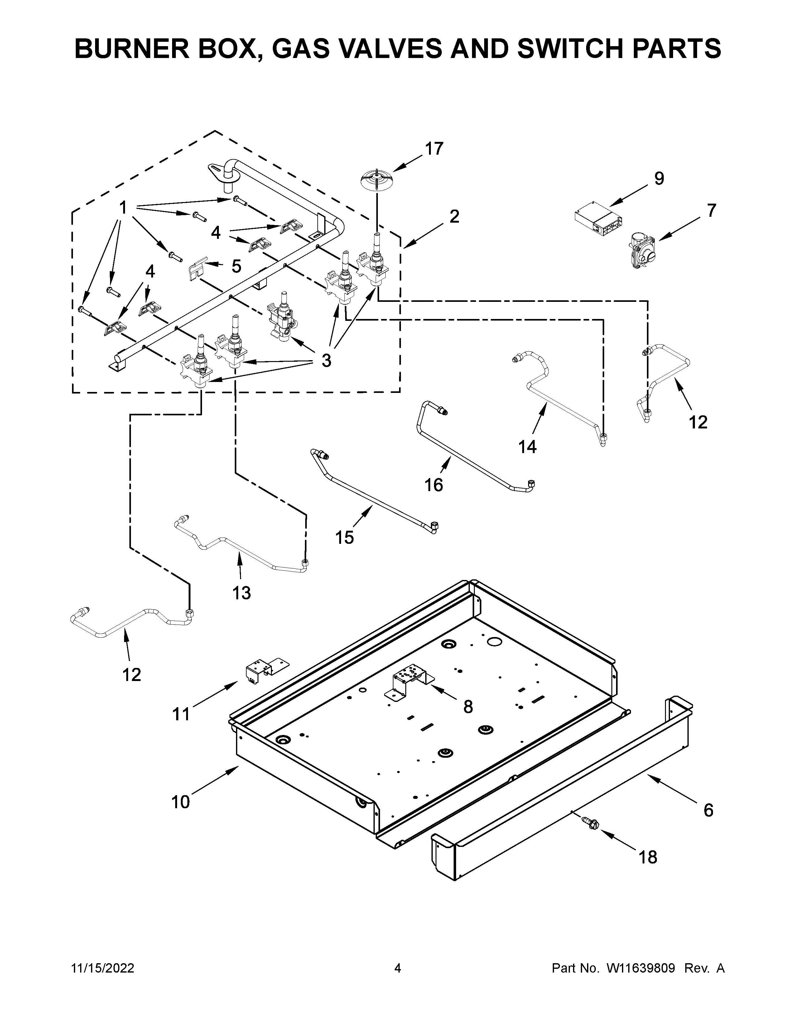 BURNER BOX, GAS VALVES AND SWITCH PARTS