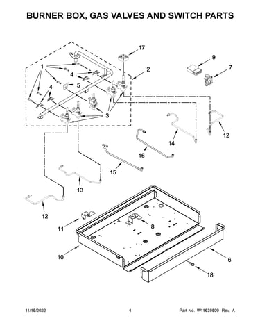 Burner box, gas valves and switch parts