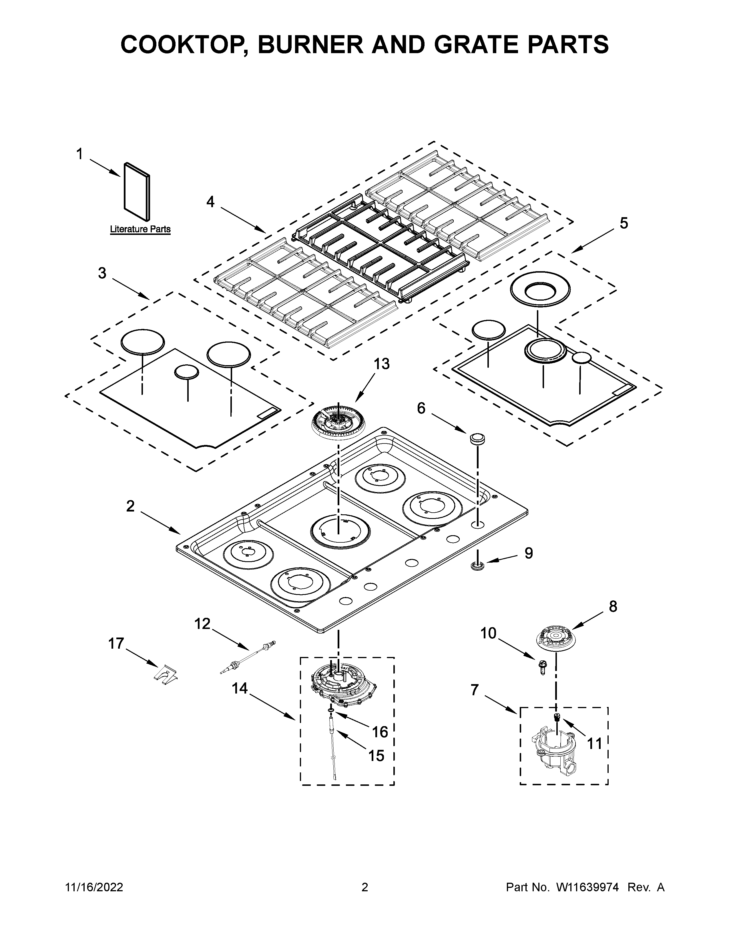Cooktop, burner and grate parts