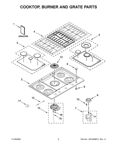 Cooktop, burner and grate parts