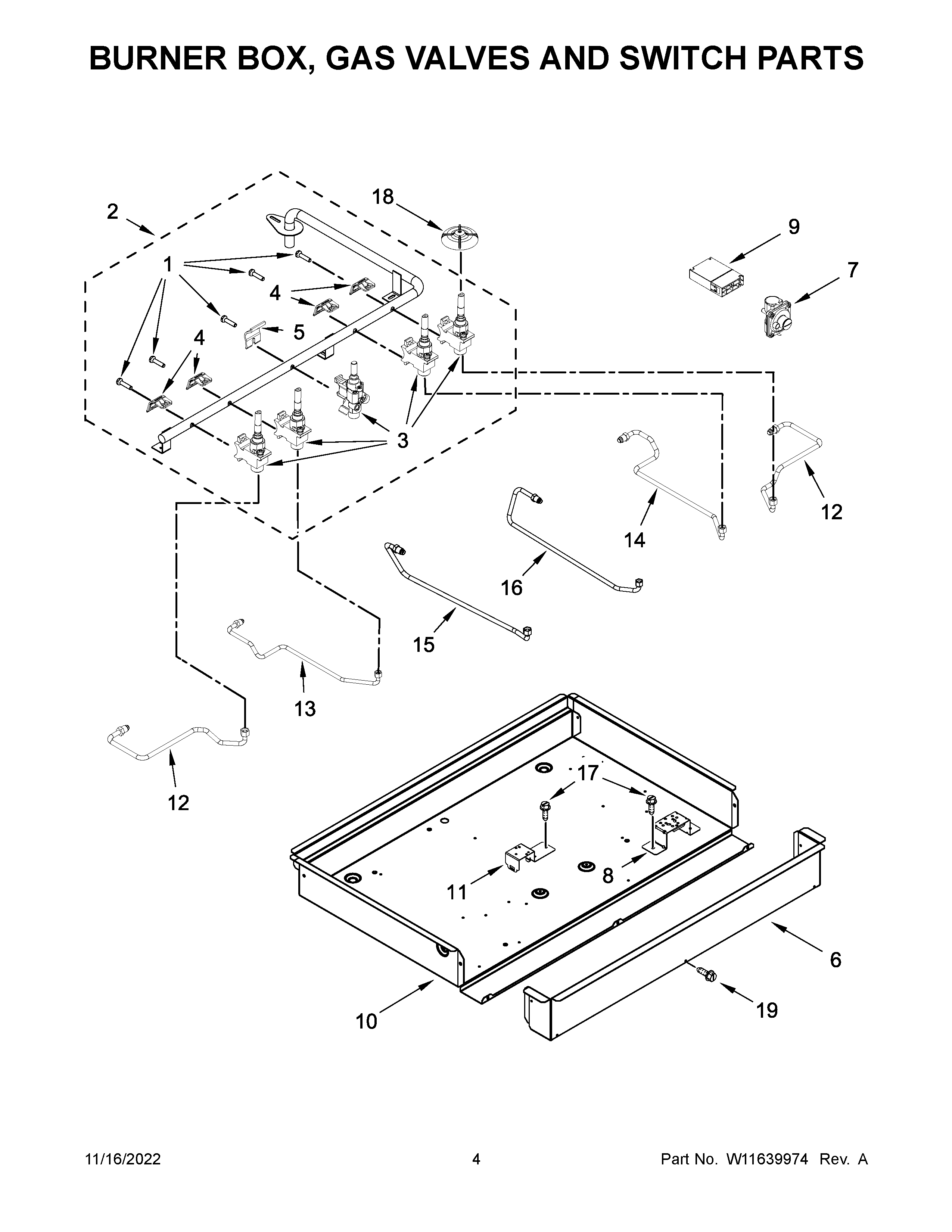 Burner box, gas valves and switch parts