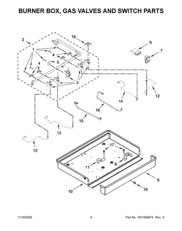 Burner box, gas valves and switch parts