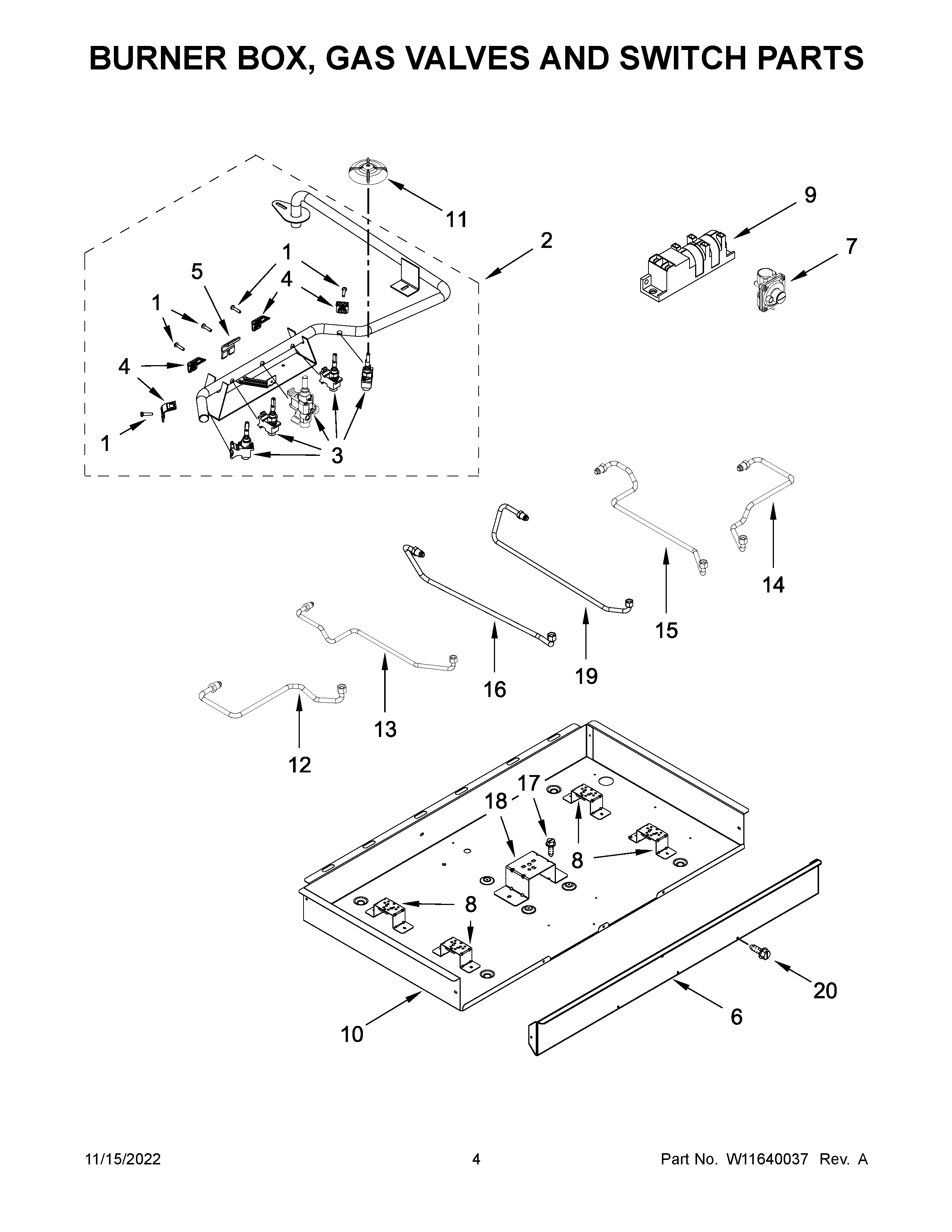 Burner box, gas valves and switch parts