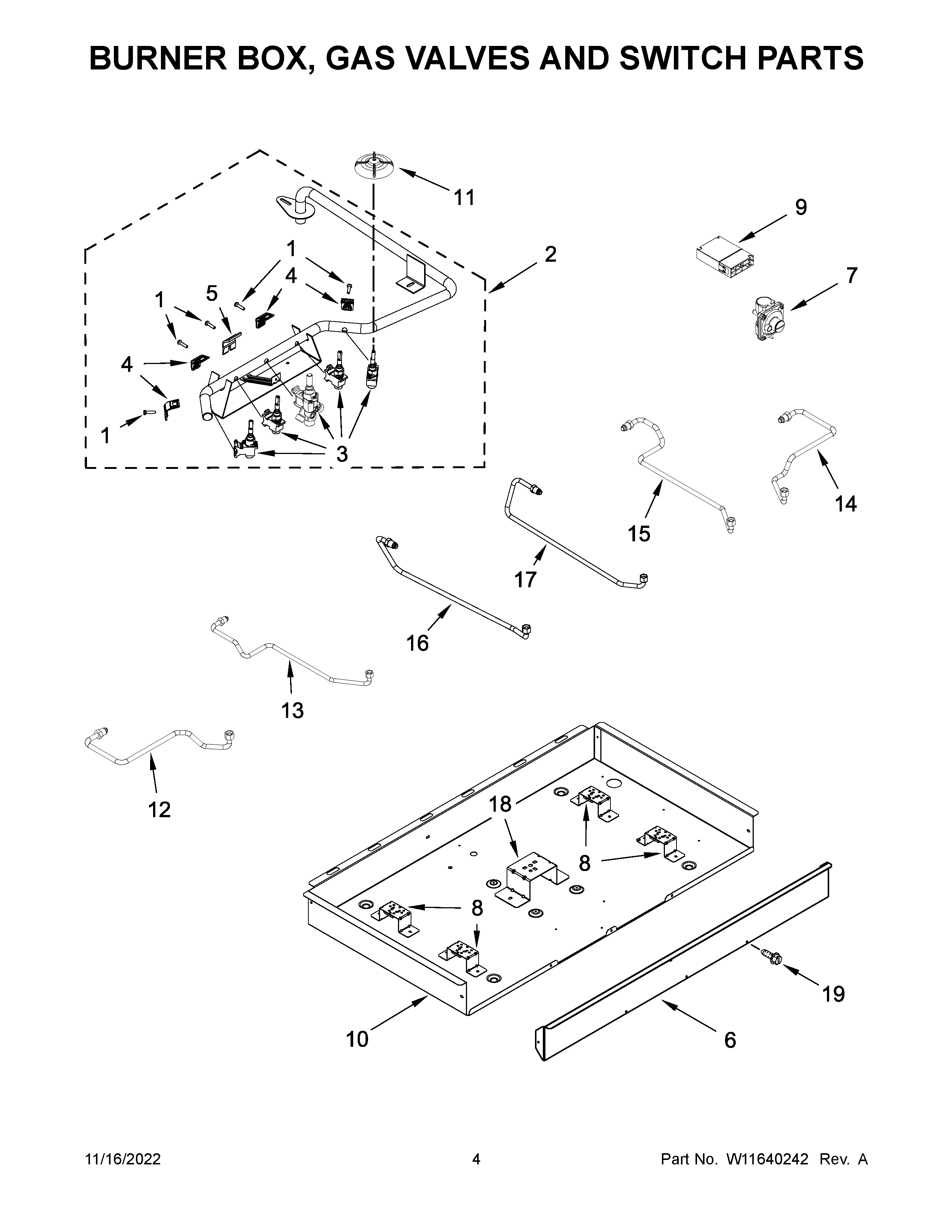 BURNER BOX, GAS VALVES AND SWITCH PARTS