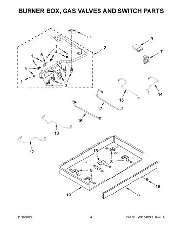 Burner box, gas valves and switch parts