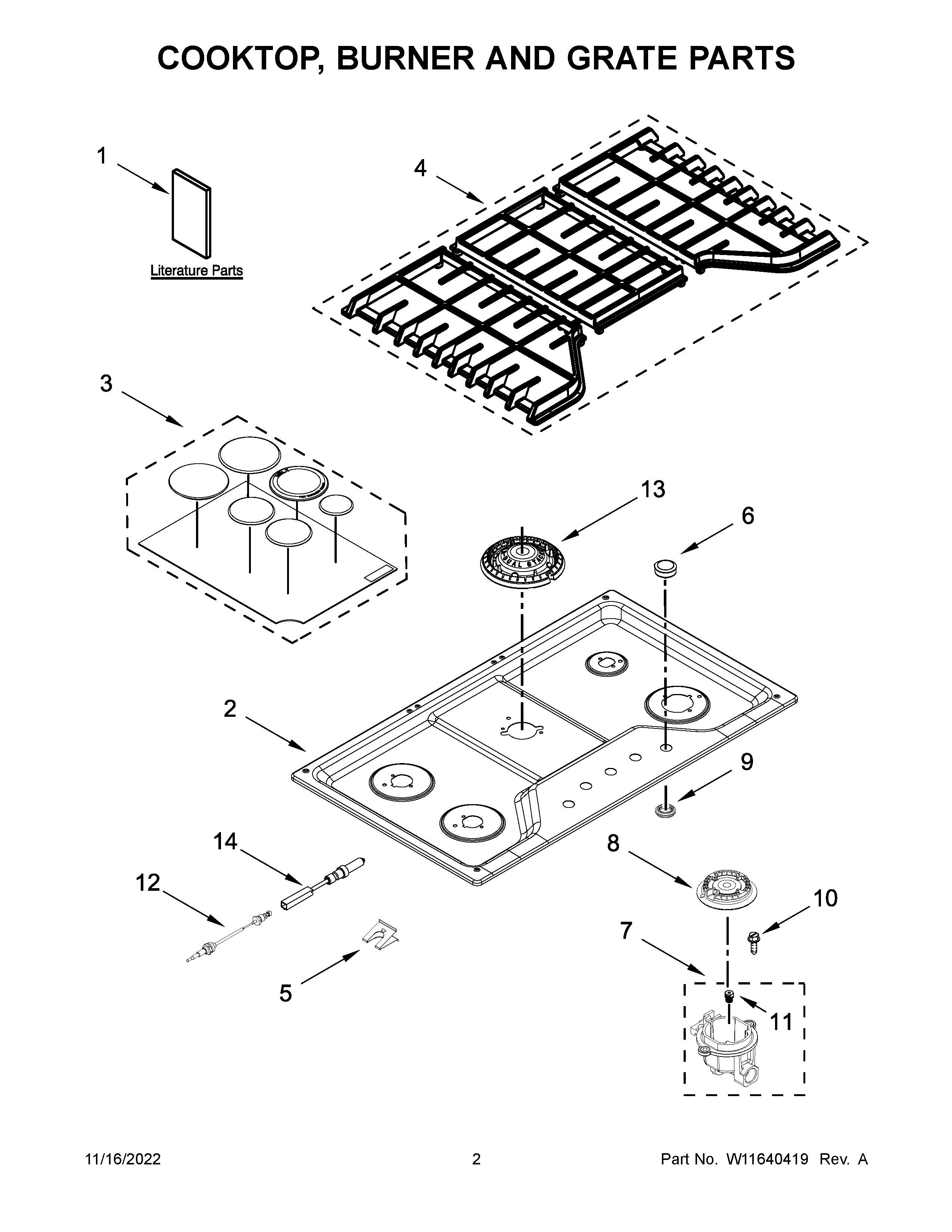 Cooktop, burner and grate parts