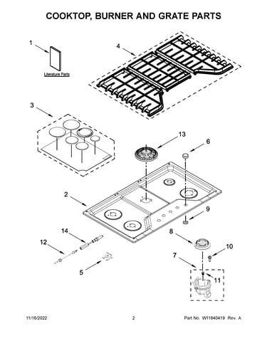Cooktop, burner and grate parts