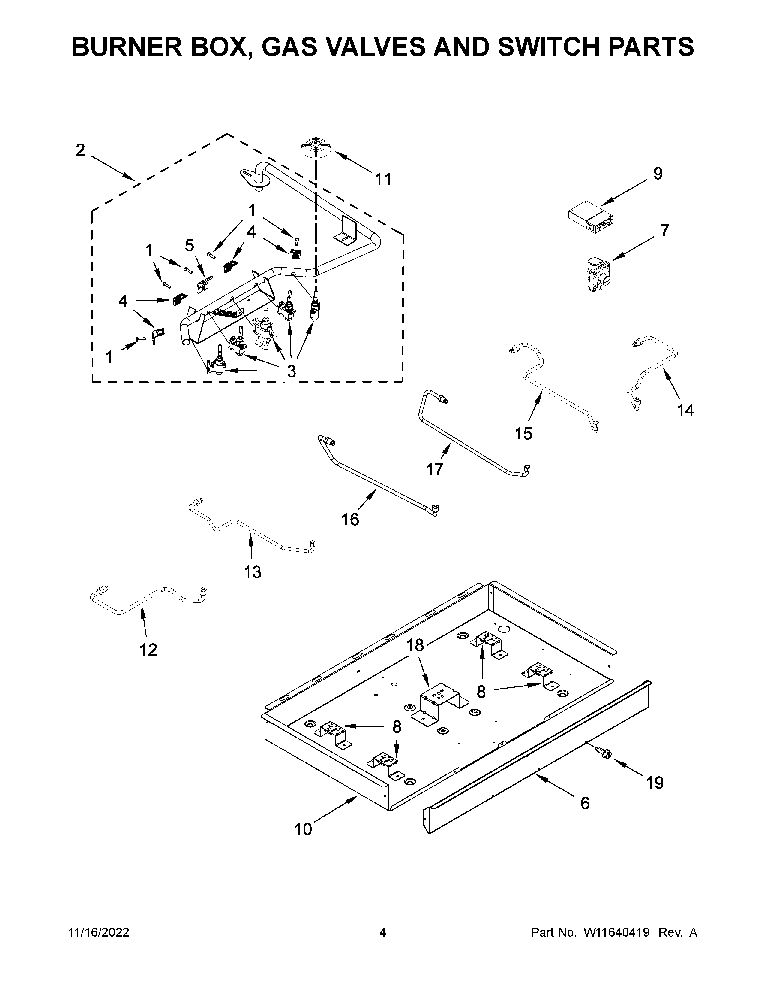 Burner box, gas valves and switch parts