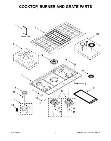 Cooktop, burner and grate parts