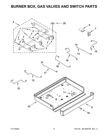 Burner box, gas valves and switch parts