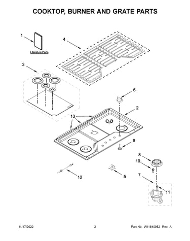 Cooktop, burner and grate parts
