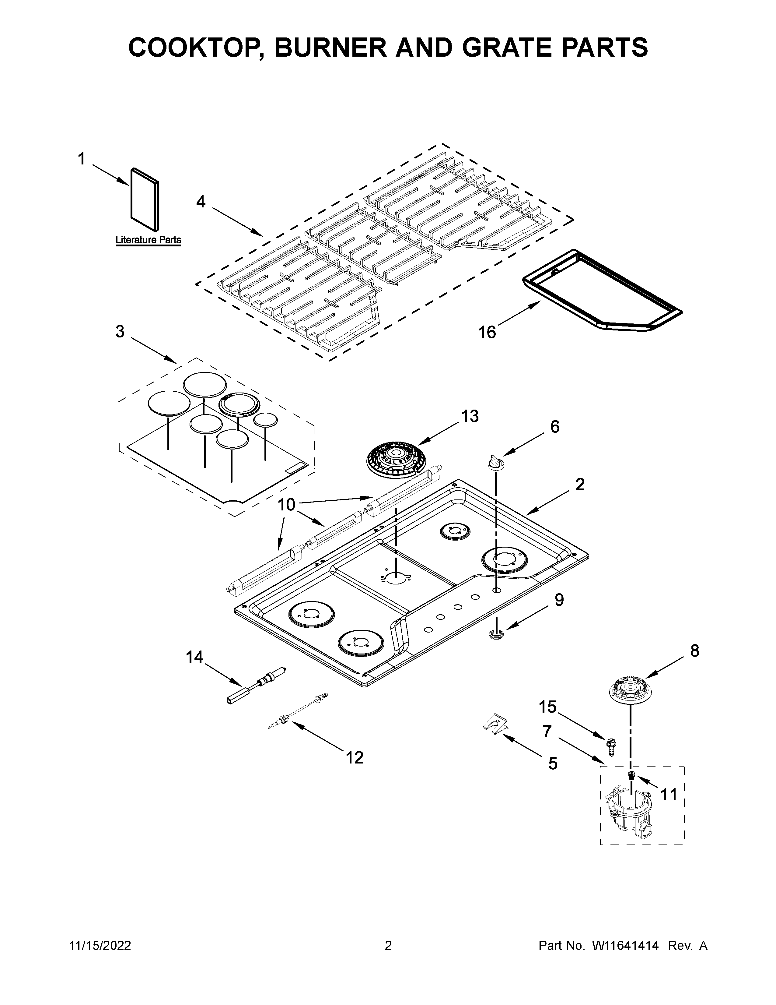 Cooktop, burner and grate parts