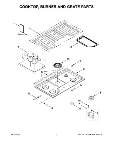 Cooktop, burner and grate parts