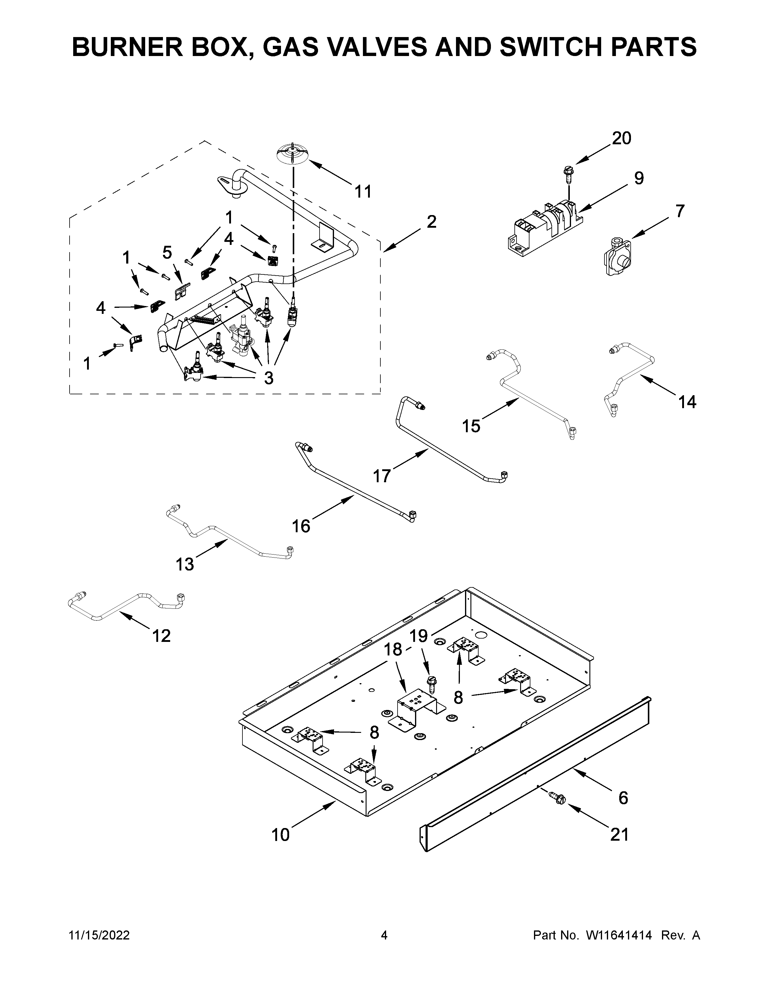 Burner box, gas valves and switch parts
