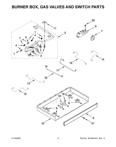 Burner box, gas valves and switch parts