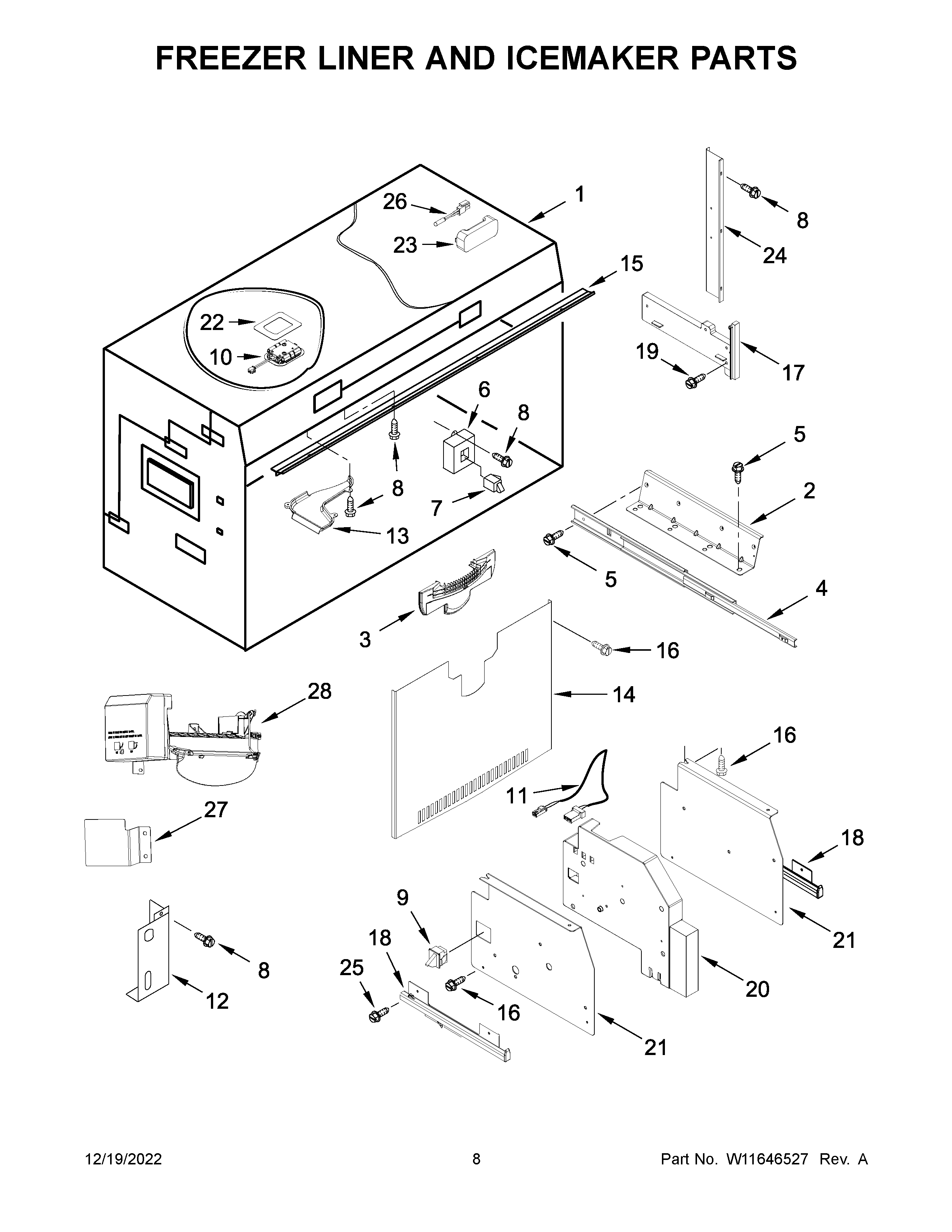 Freezer liner and icemaker parts