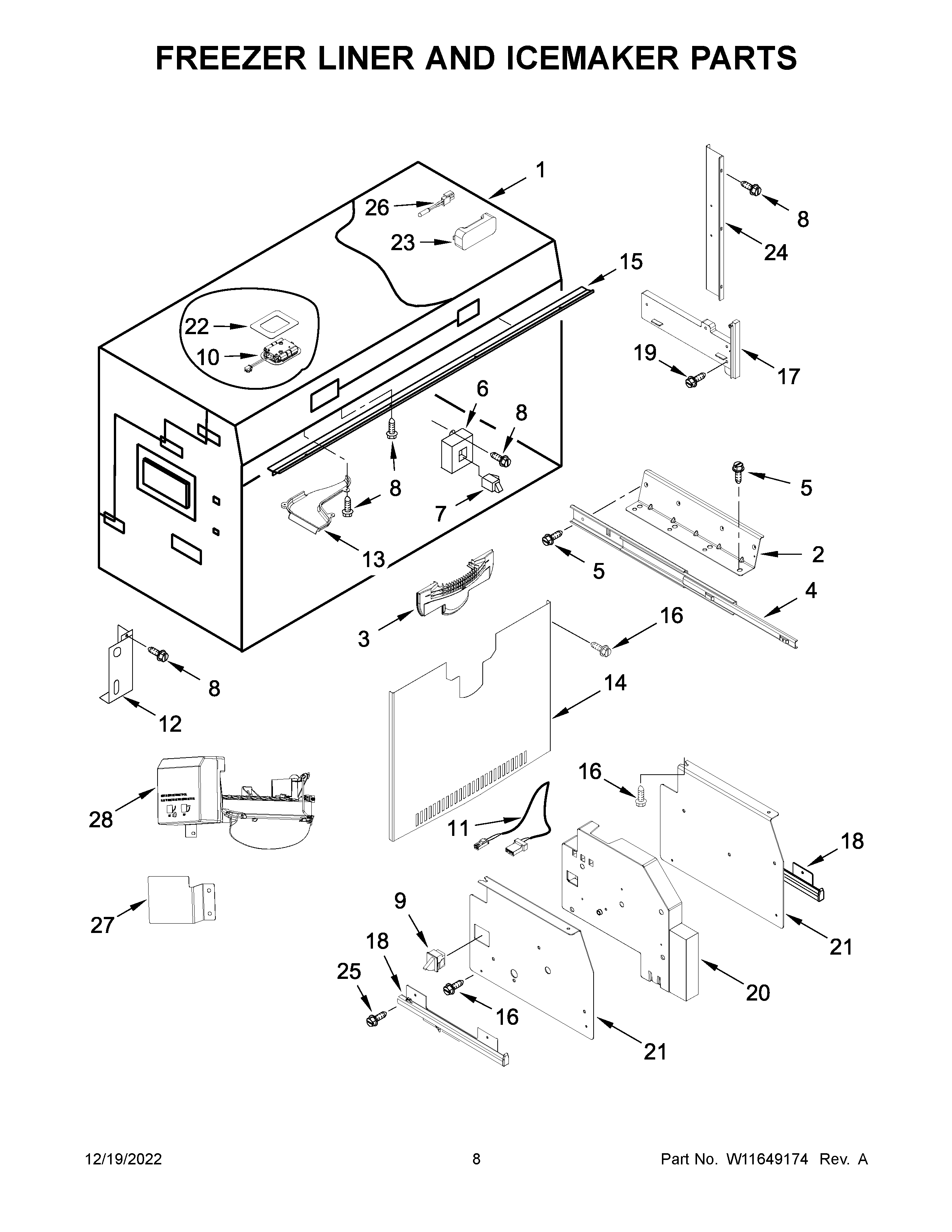 Freezer liner and icemaker parts