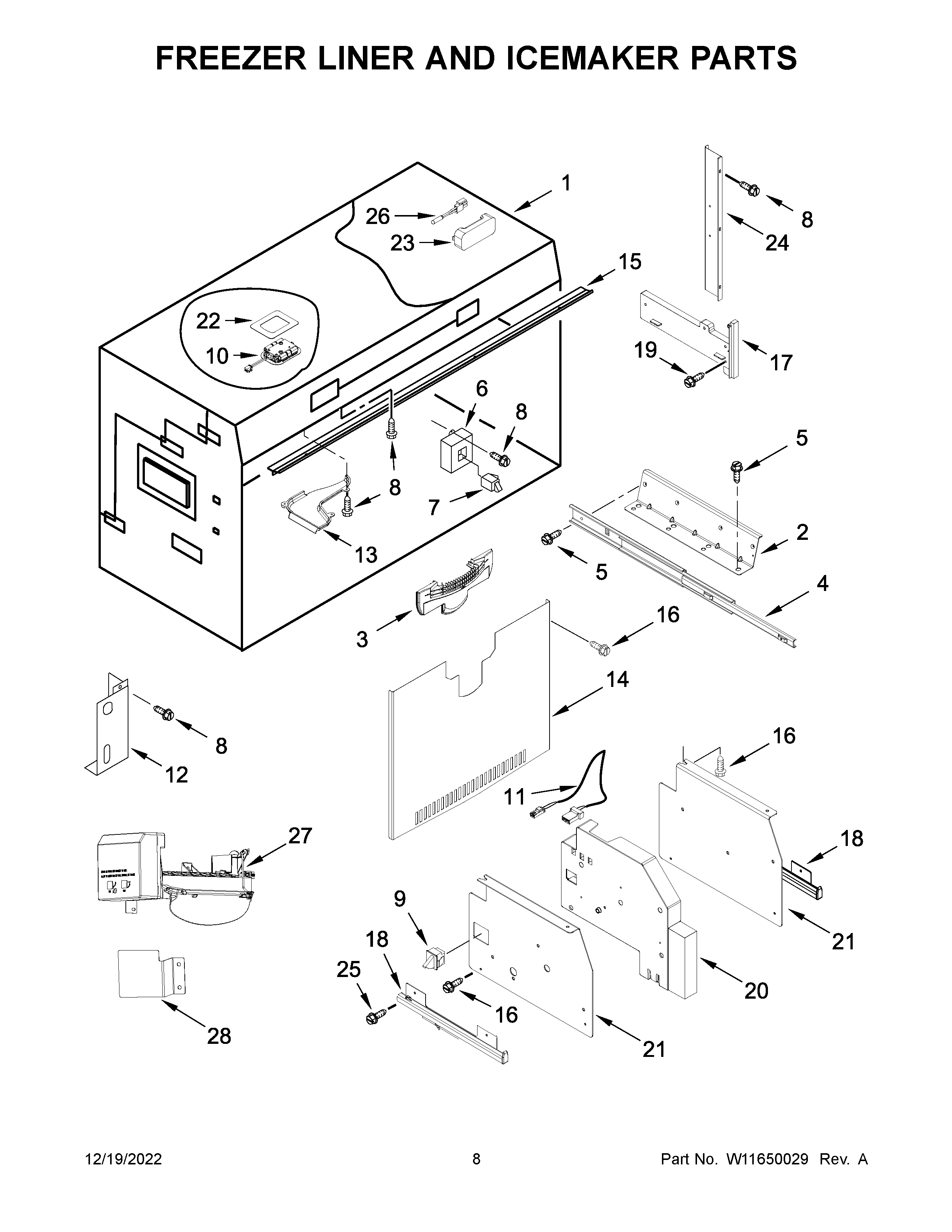 Freezer liner and icemaker parts