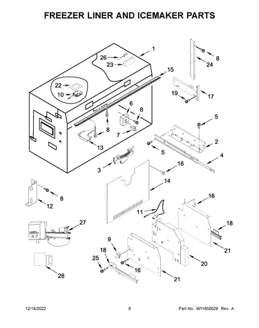 Freezer liner and icemaker parts