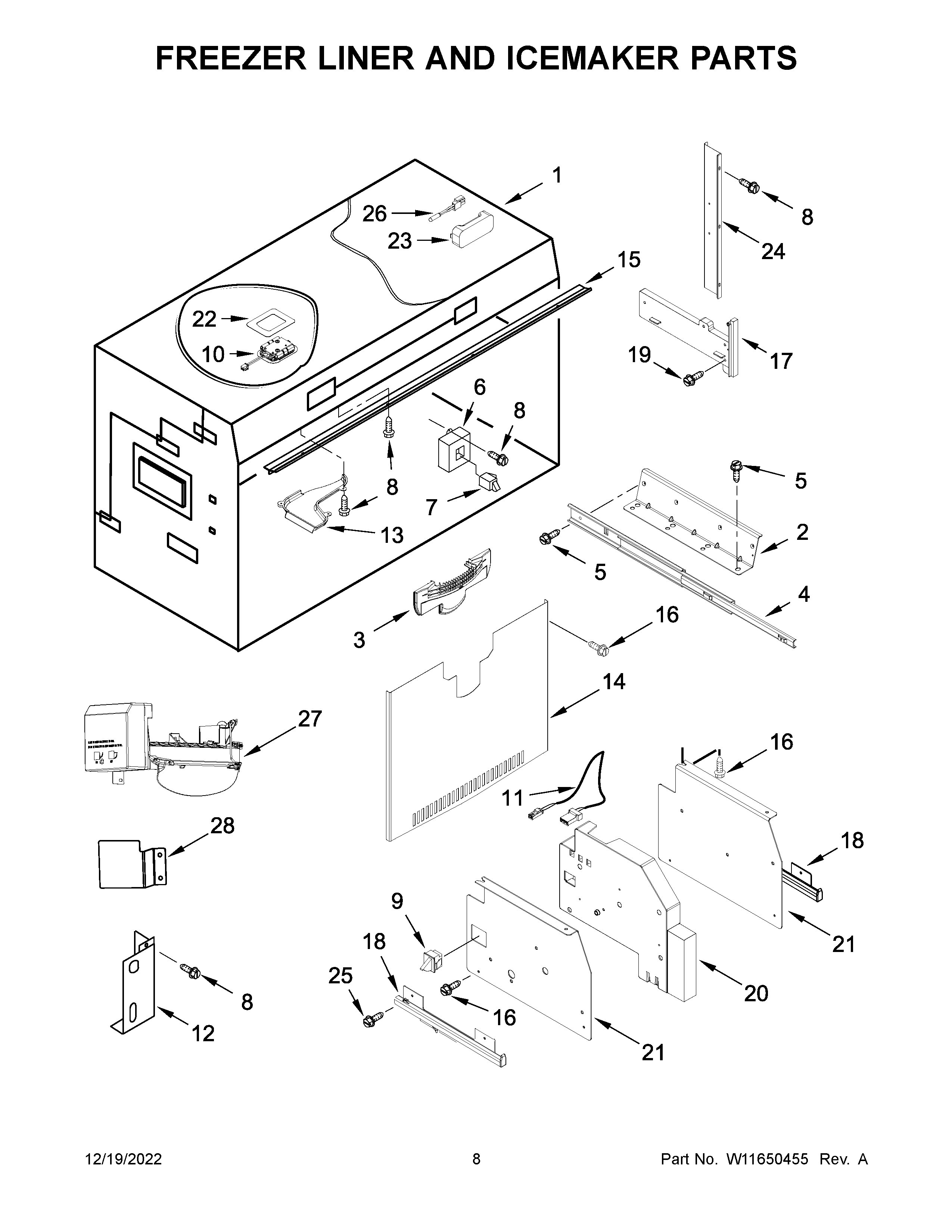 Freezer liner and icemaker parts