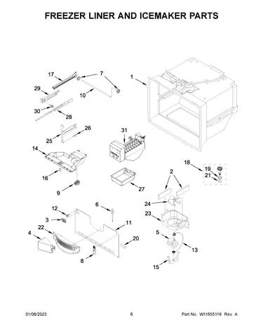 Freezer liner and icemaker parts