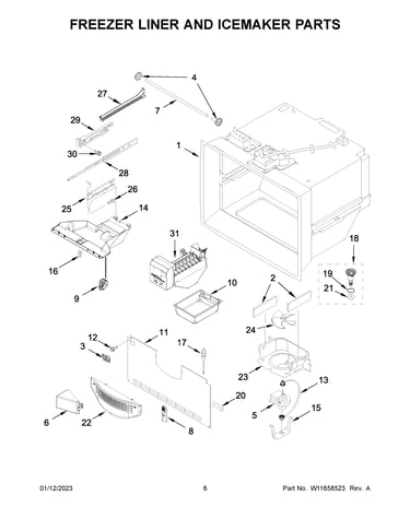 Freezer liner and icemaker parts