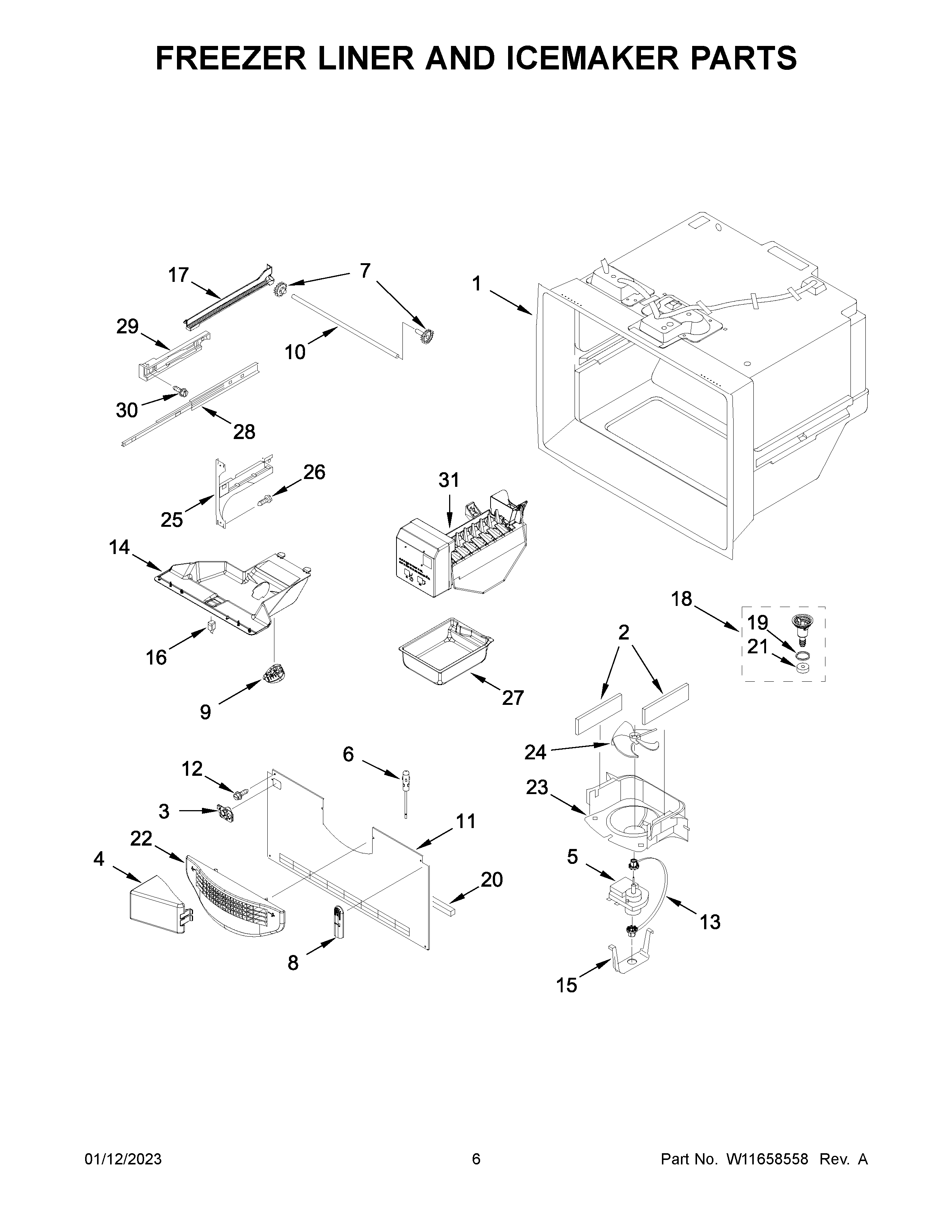 Freezer liner and icemaker parts