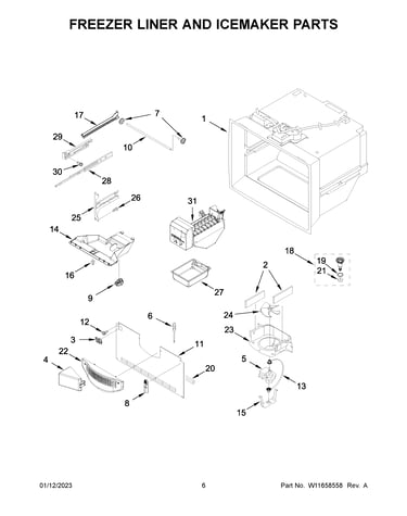 Freezer liner and icemaker parts