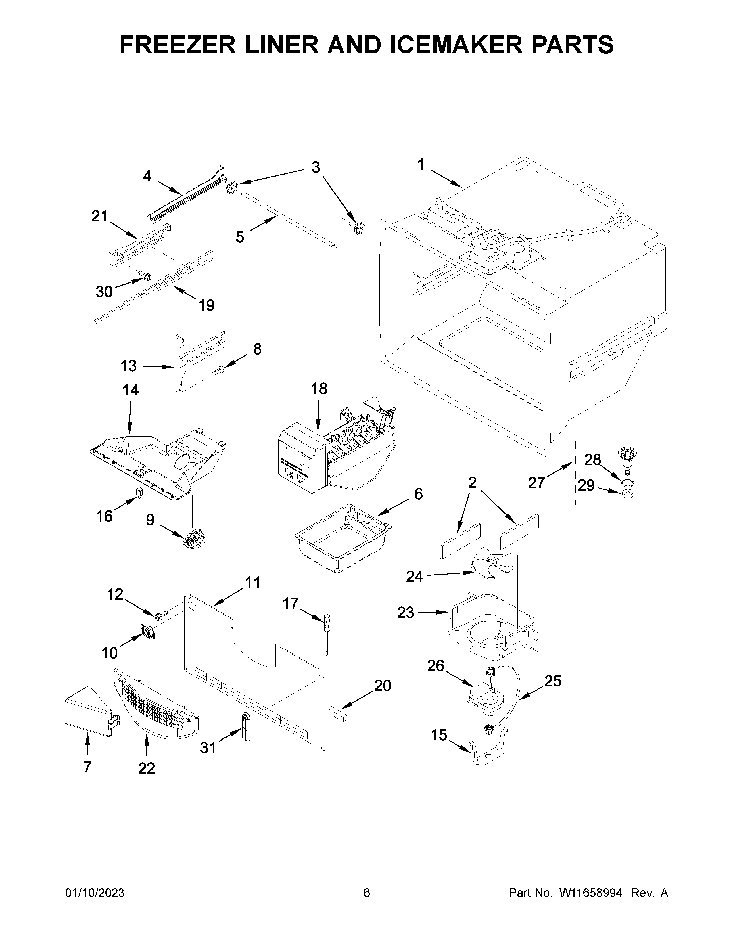 Freezer liner and icemaker parts
