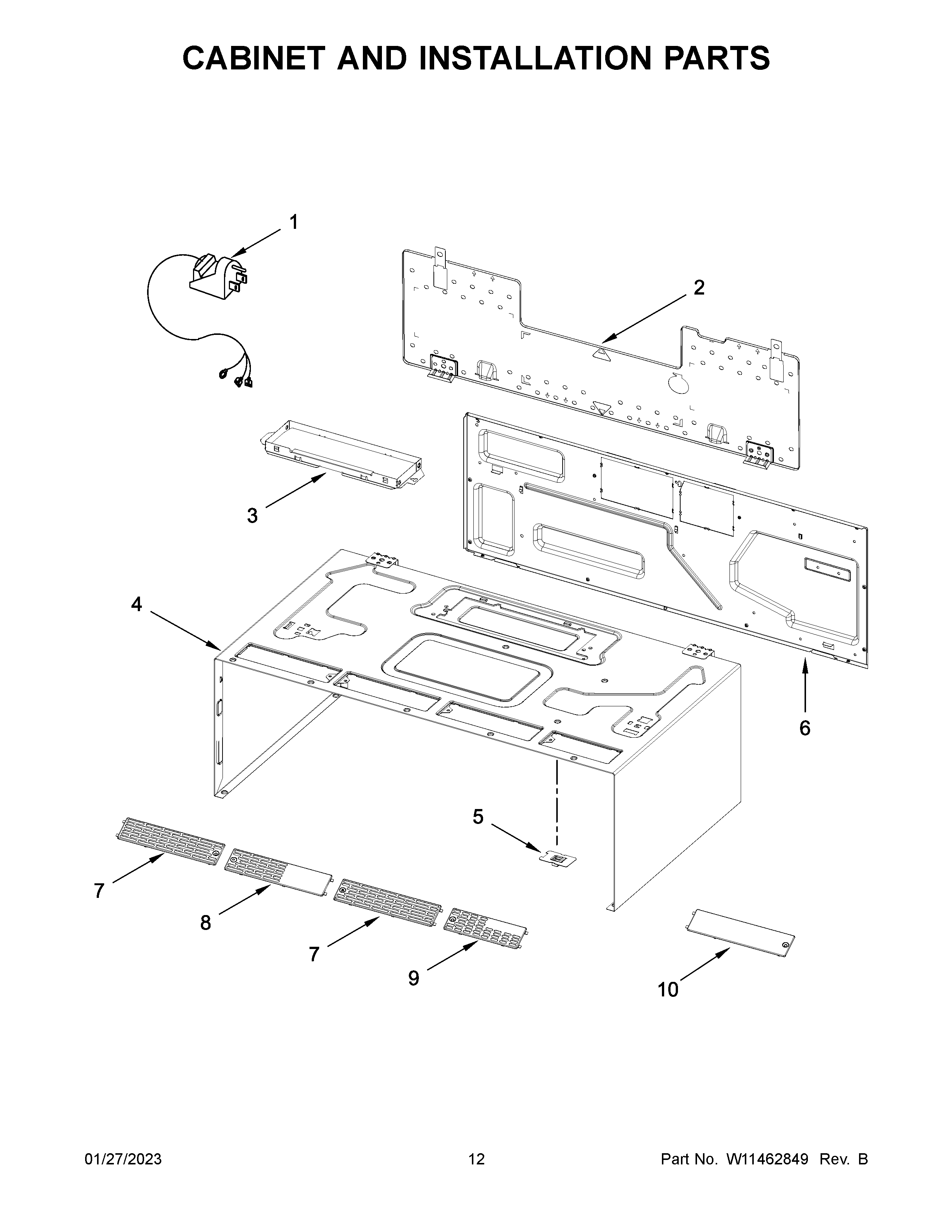 Cabinet and installation parts
