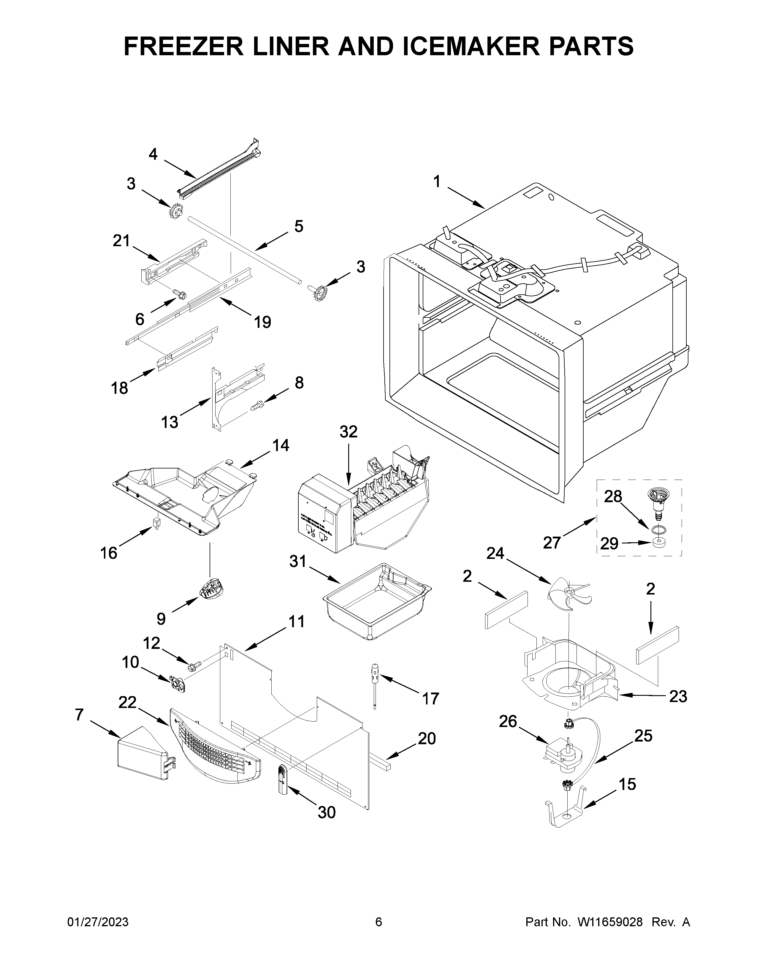 Freezer liner and icemaker parts