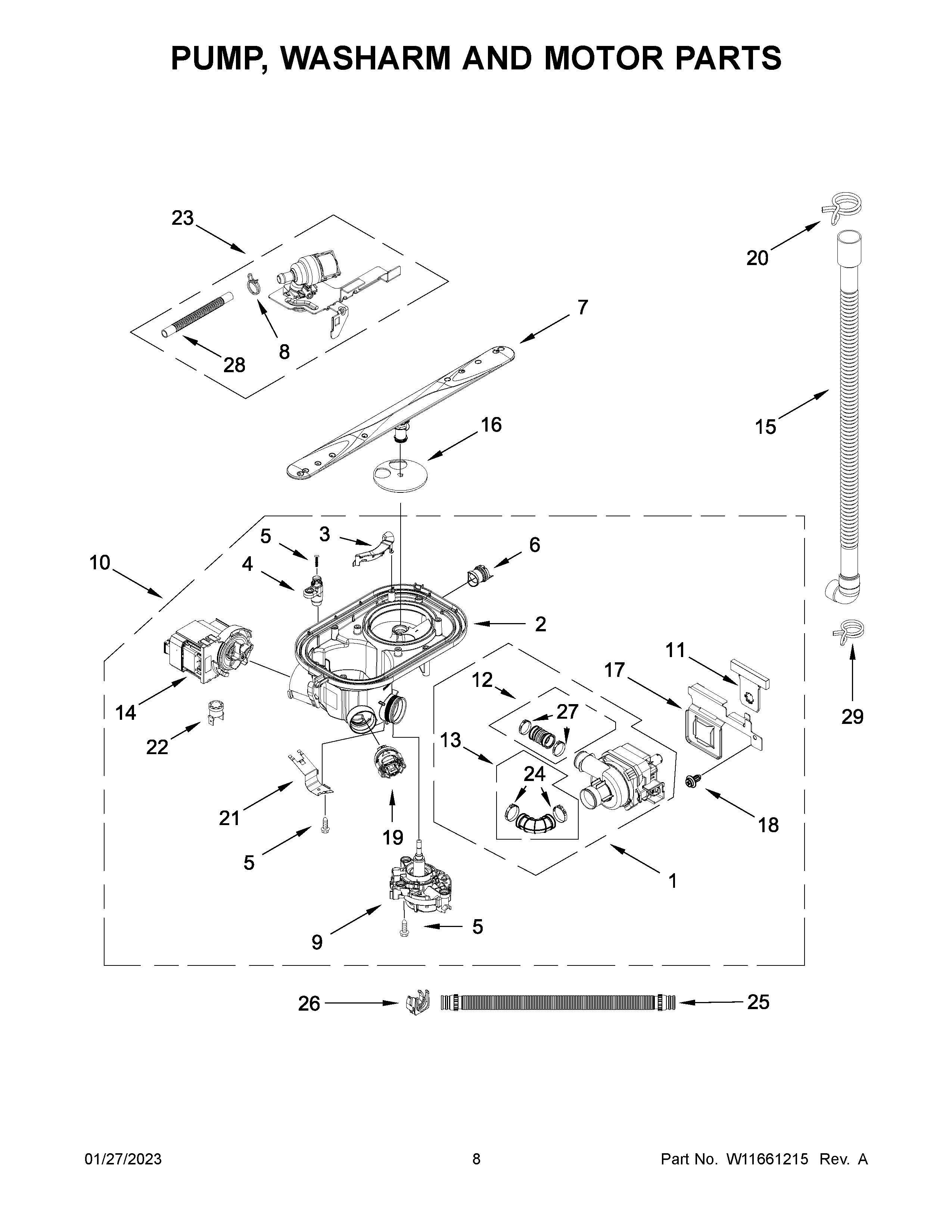 Pump, washarm and motor parts