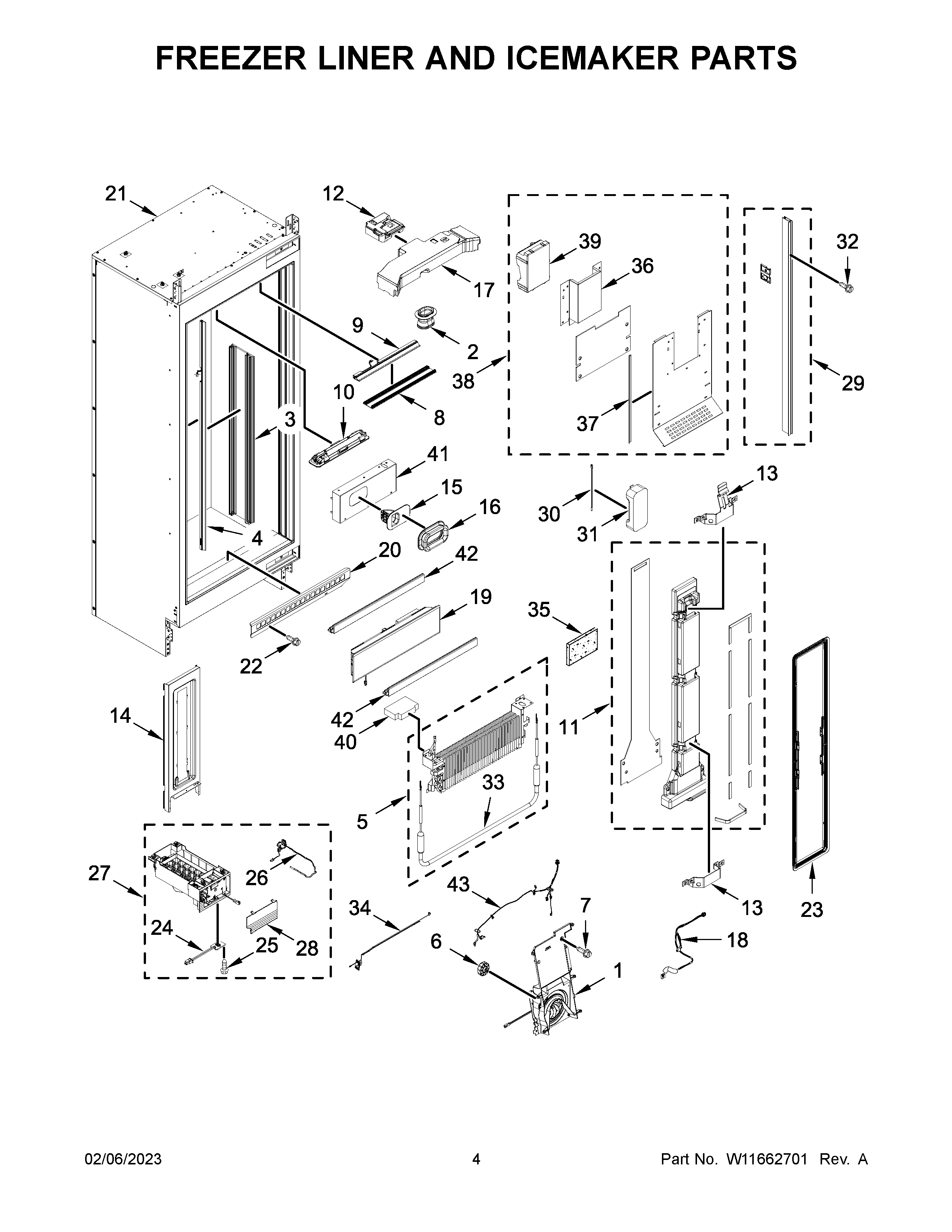 Freezer liner and icemaker parts