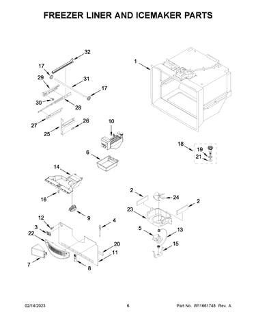 Freezer liner and icemaker parts