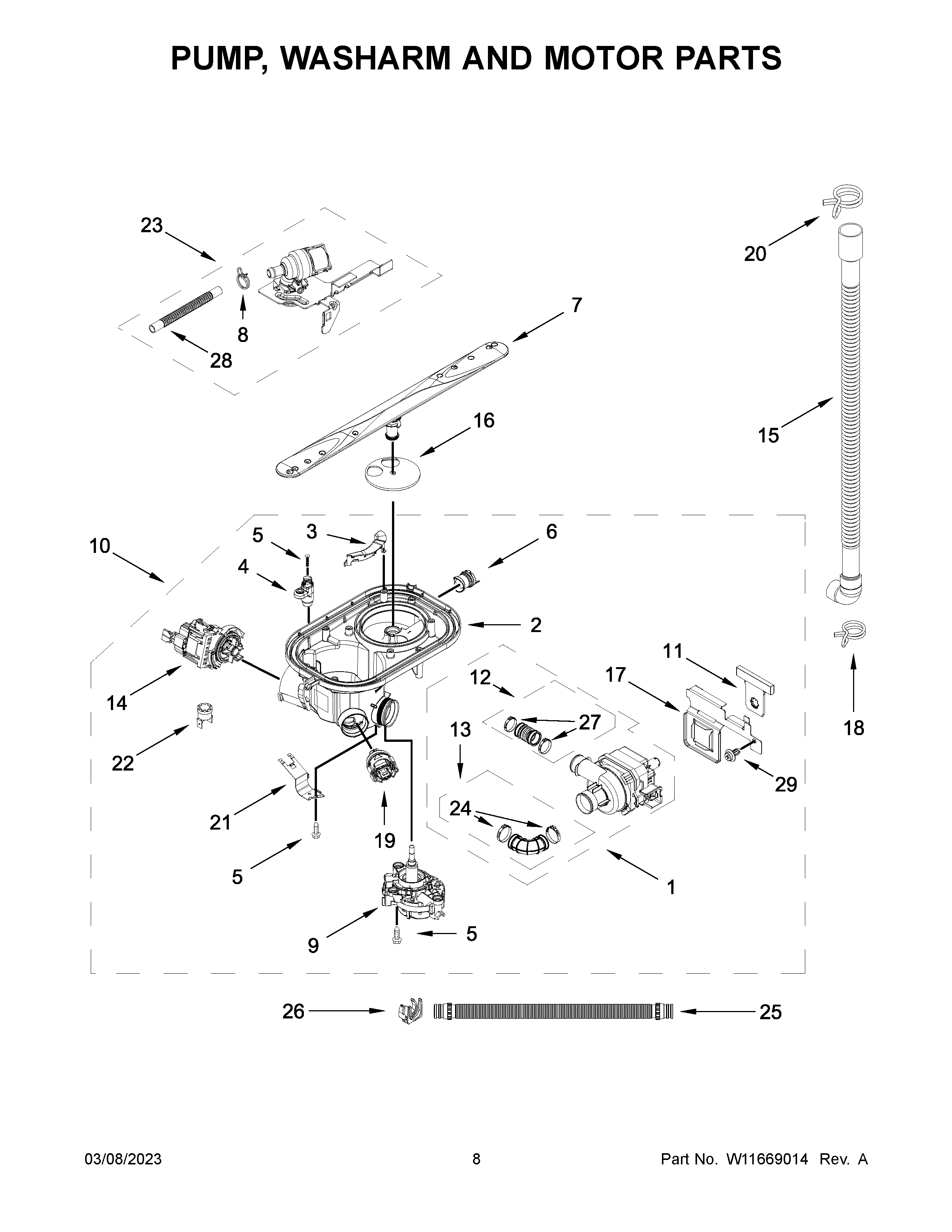 Pump, washarm and motor parts