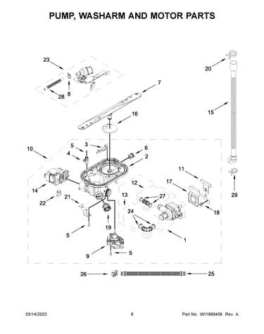 Pump, washarm and motor parts