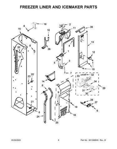 Freezer liner and icemaker parts