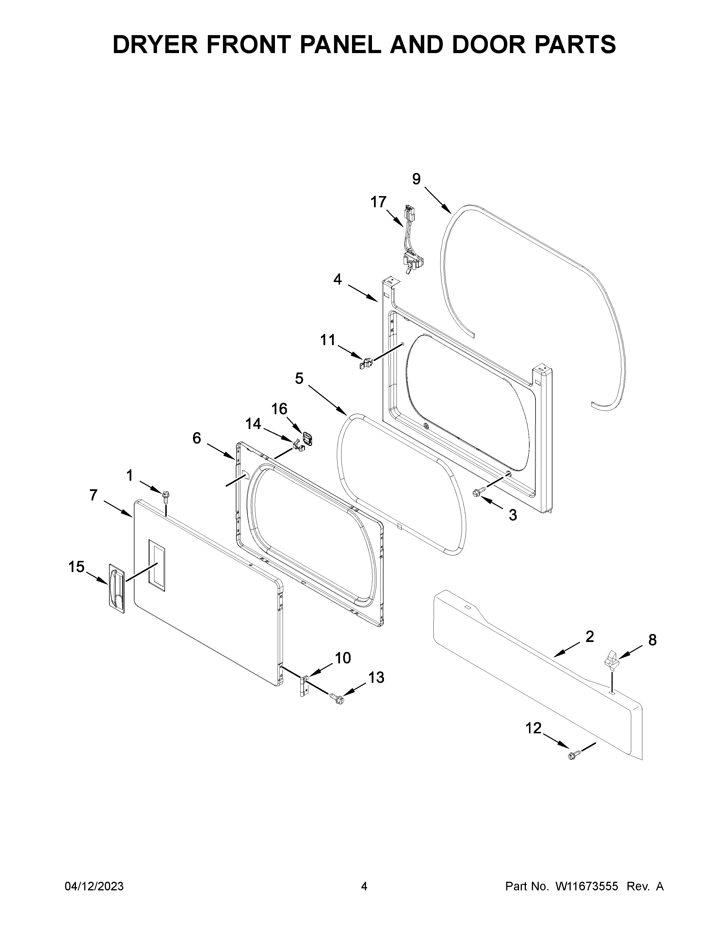 Dryer front panel and door parts