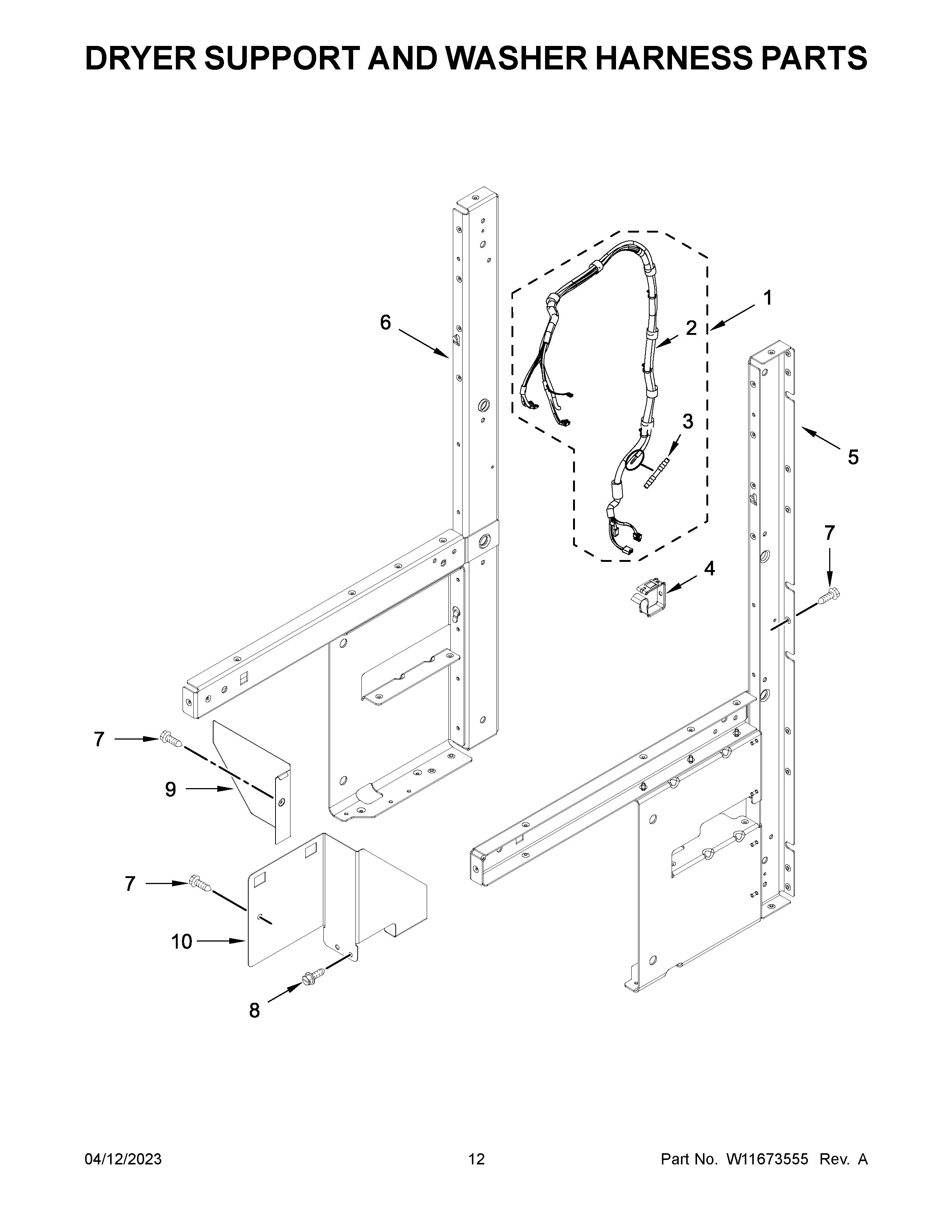 Dryer support and washer harness parts