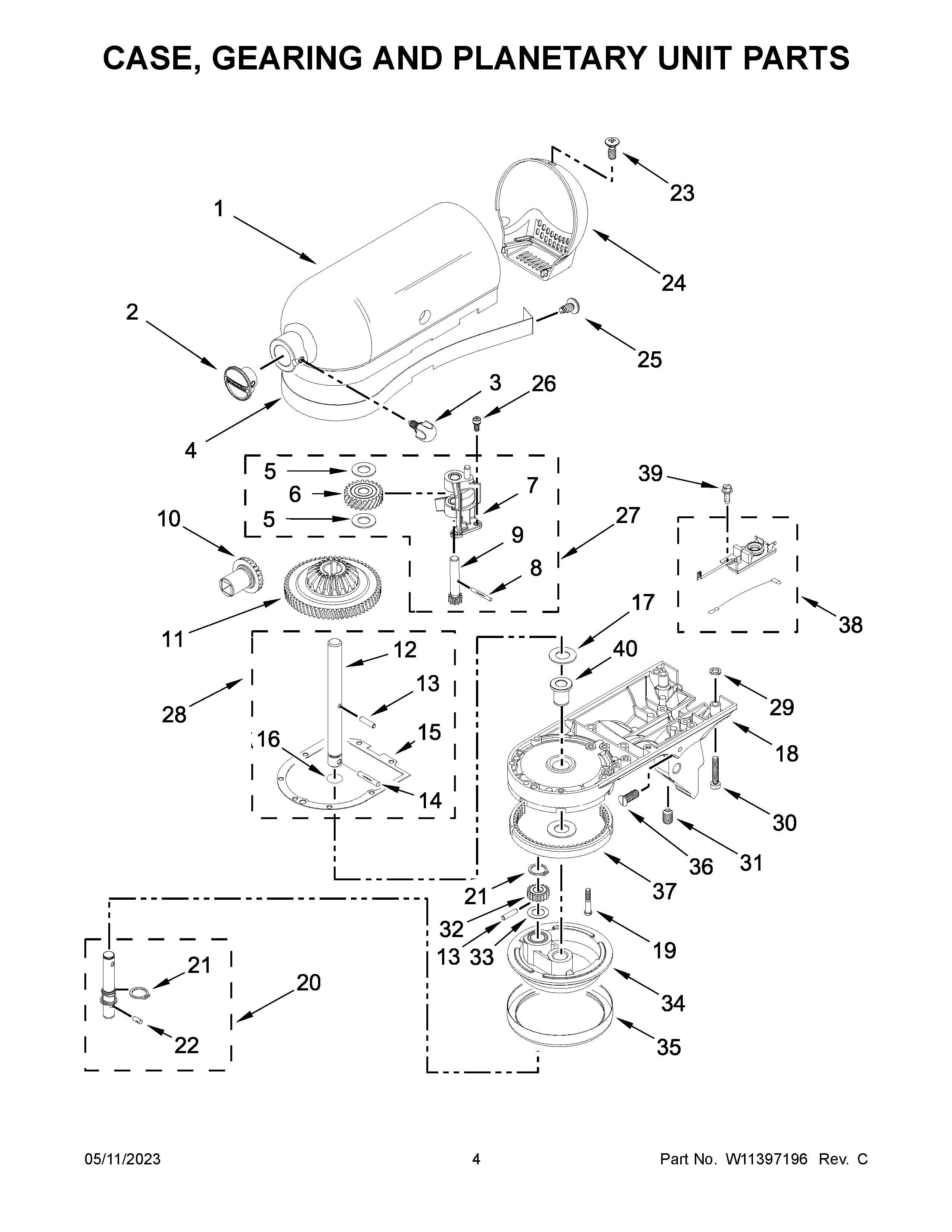 Case, gearing and planetary unit parts